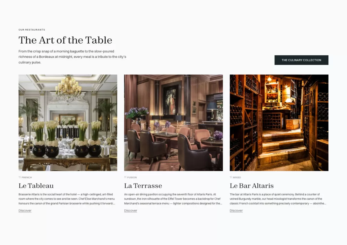 'The Art of the Table' section with three restaurant cards: Le Tableau, La Terrasse and Le Bar Altaris.