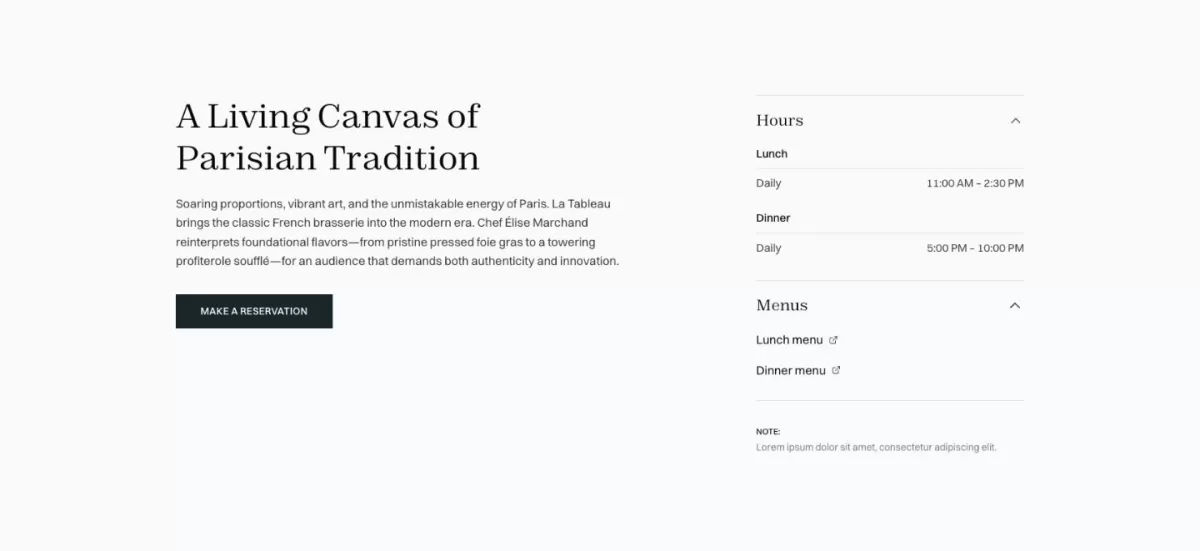 Le Tableau restaurant page: intro text and reservation button beside collapsible opening hours and menus.