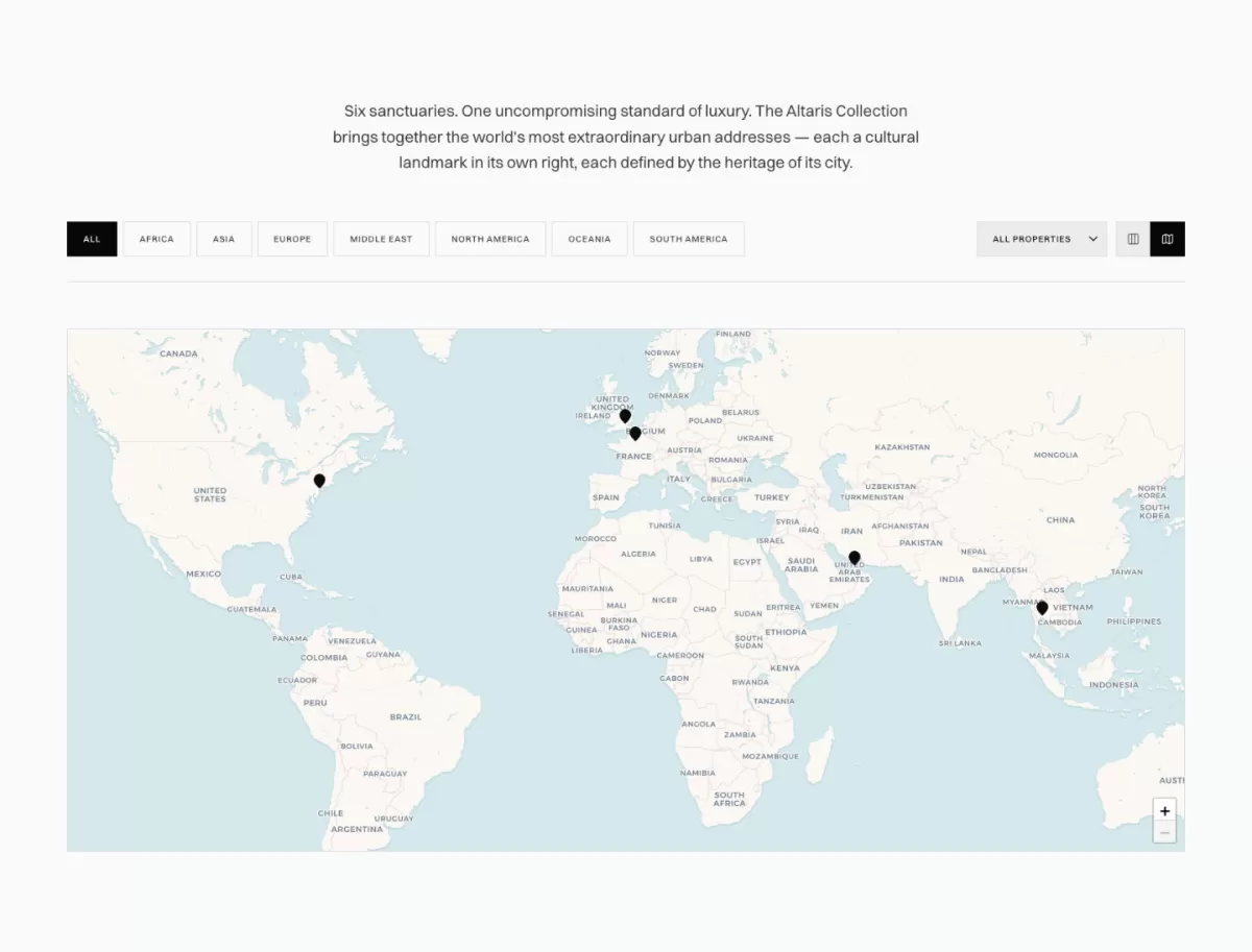 Altaris Collection property finder: a world map with destination pins and region filter buttons.