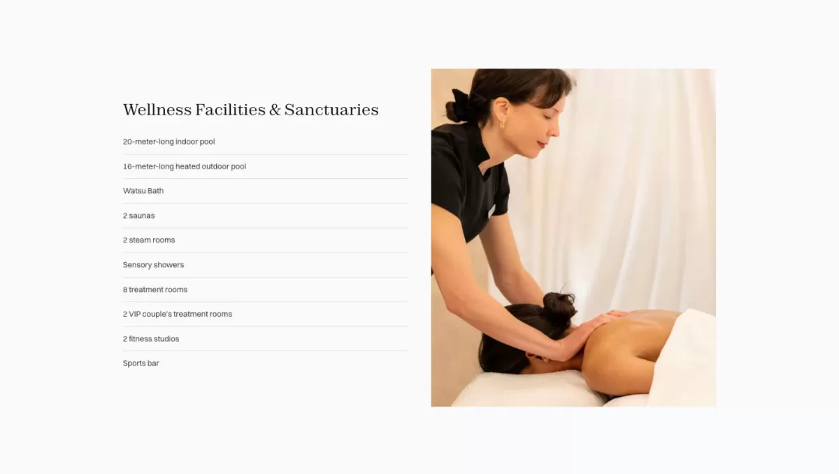 Wellness facilities list beside a photo of a therapist massaging a guest's shoulders in a white treatment room.