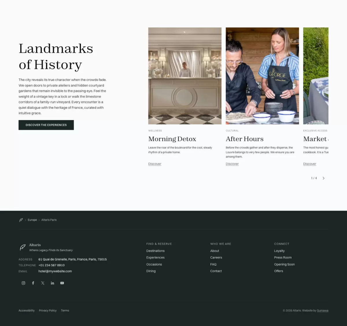 'Landmarks of History' experiences carousel above the Altaris site footer with contact details and navigation.