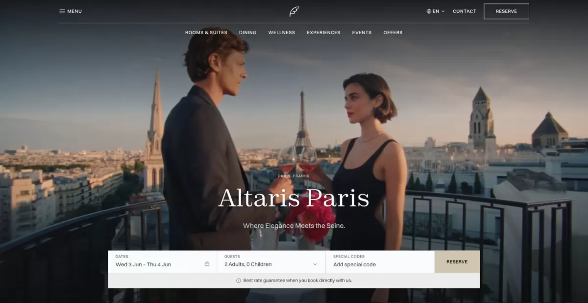 Altaris Paris homepage: a couple toasting on a balcony above Paris at dusk, with a booking bar below the headline.