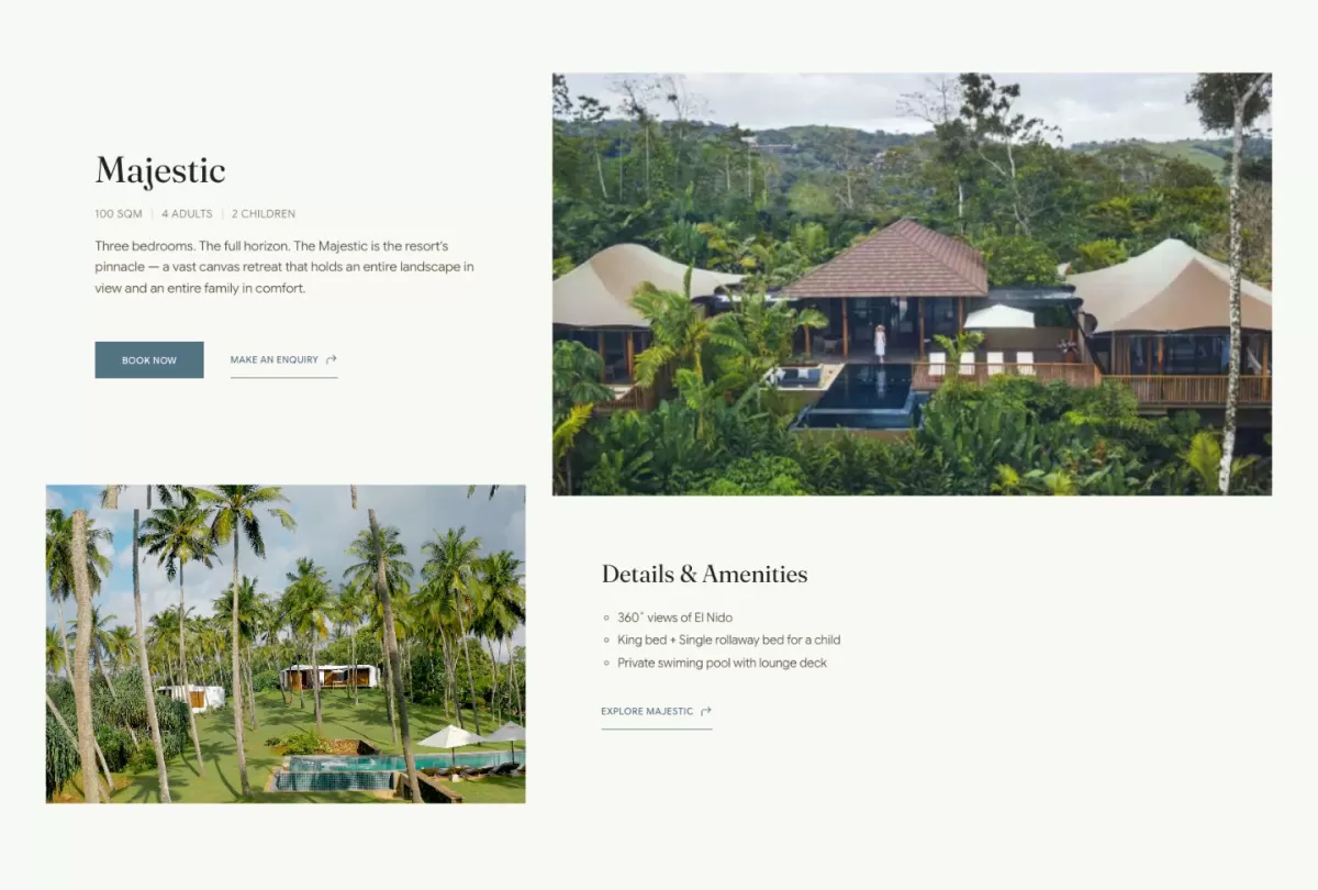 Majestic suite page: a tented villa with a private pool in the jungle, alongside amenities and enquiry links.