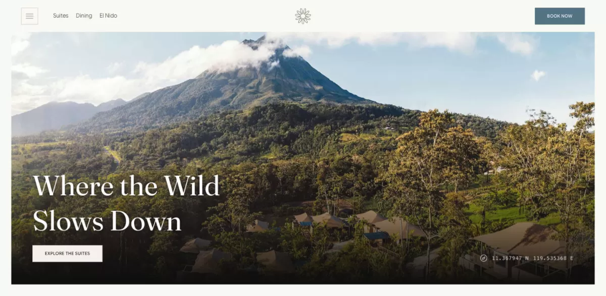 Aman Glamping homepage: tented villas below a cloud-capped volcano, with the headline 'Where the Wild Slows Down'.