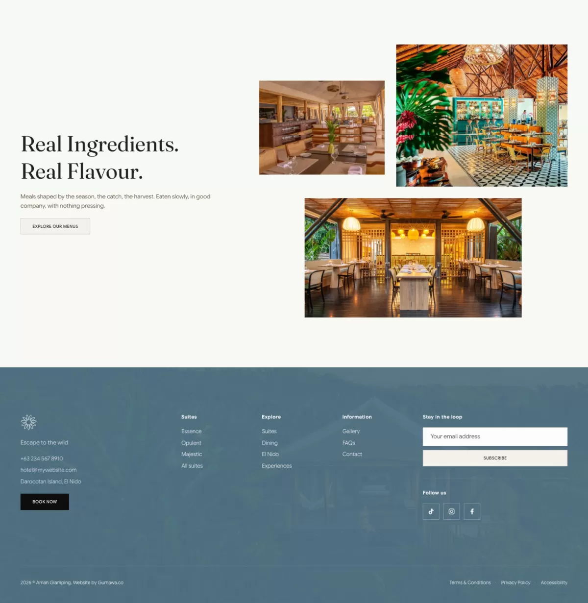 'Real Ingredients. Real Flavour.' dining section with three restaurant photos above the blue site footer.