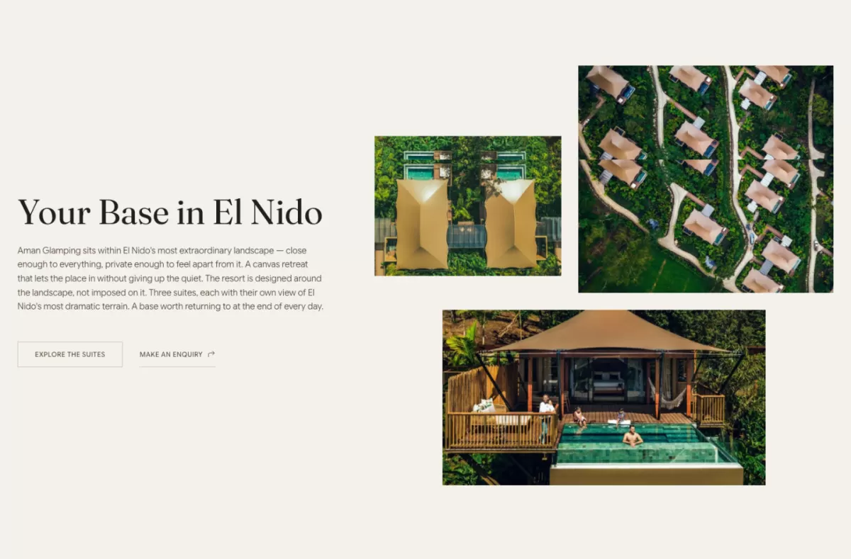 'Your Base in El Nido' section: aerial views of tented suites and guests relaxing in a treetop pool.