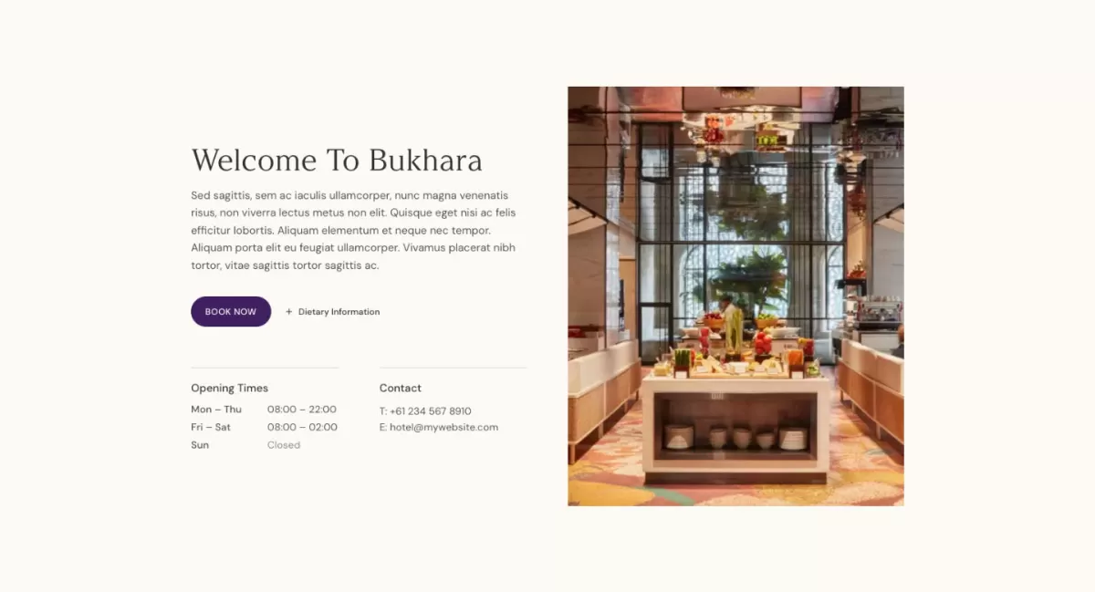 Bukhara restaurant section with opening times and contact details beside a photo of a buffet counter.