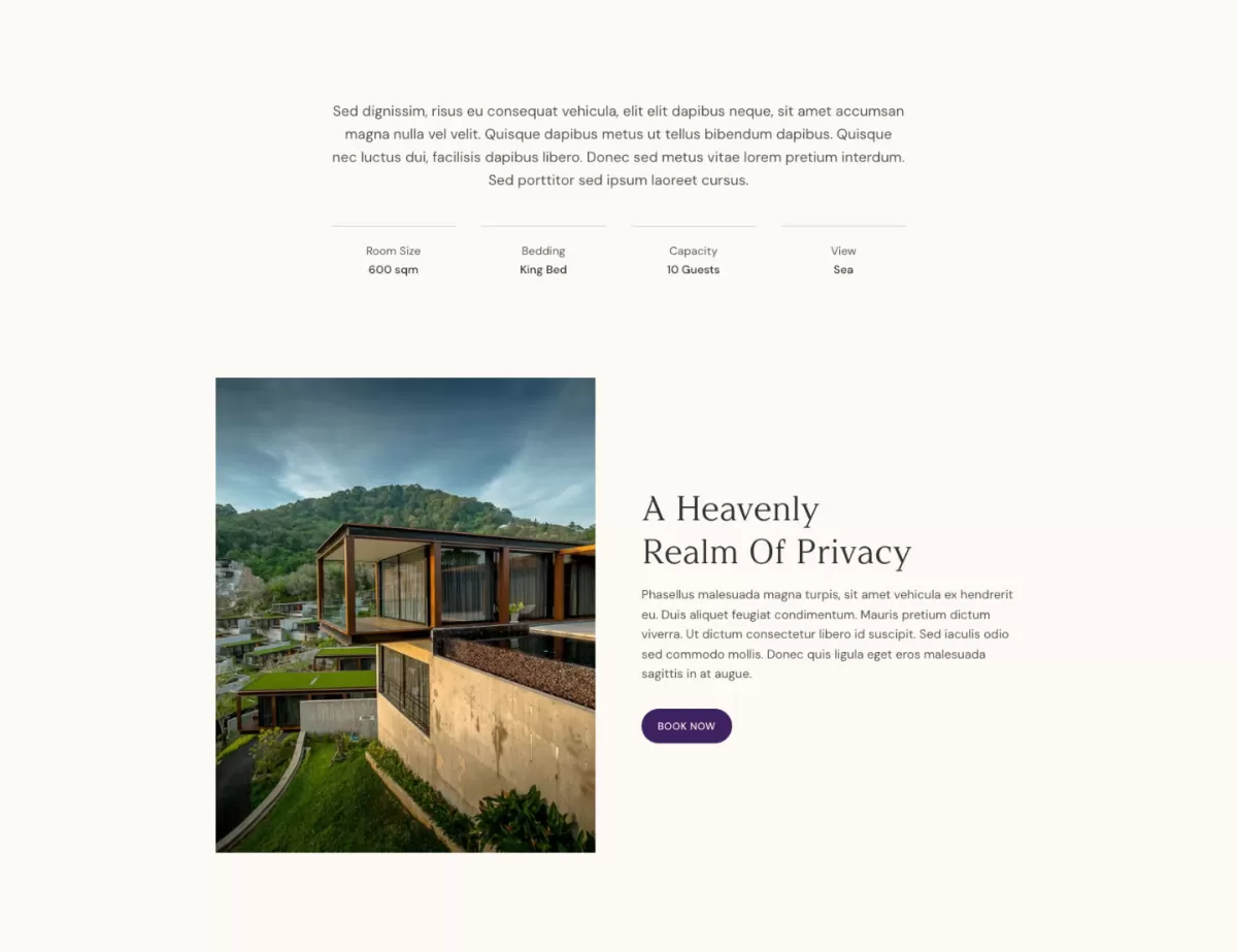 Villa page listing room size, bedding, capacity and view, beside a photo of a glass pavilion on a hillside.