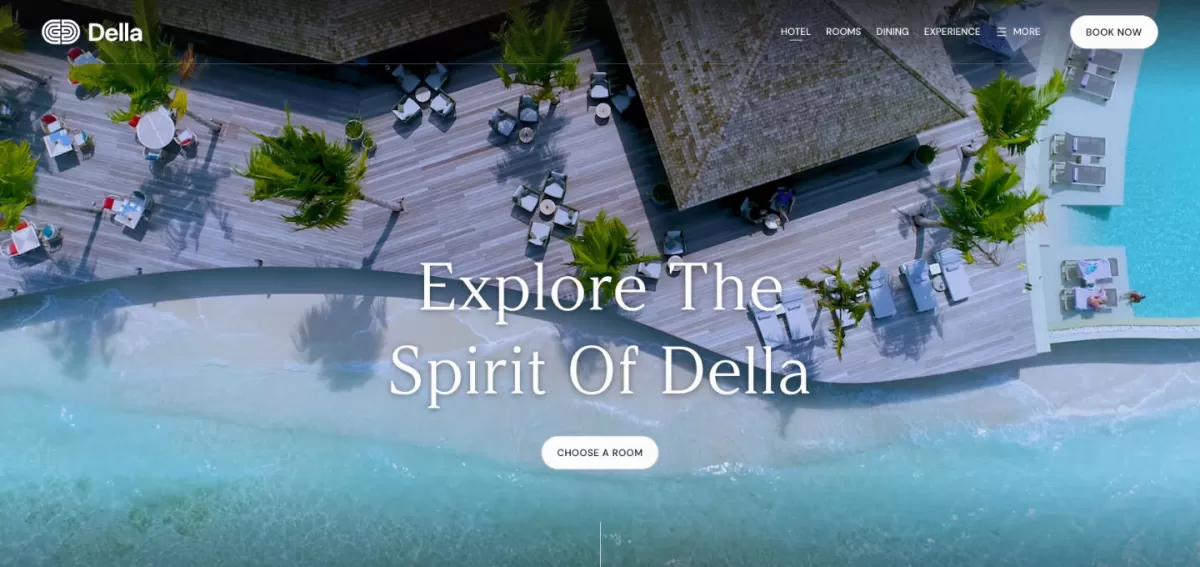 Della homepage: aerial view of a beach deck and pool beneath the headline 'Explore The Spirit Of Della'.