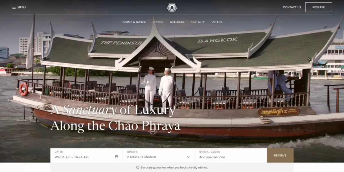 The Lana homepage: crew aboard a teak river shuttle, headline 'A Sanctuary of Luxury Along the Chao Phraya'.