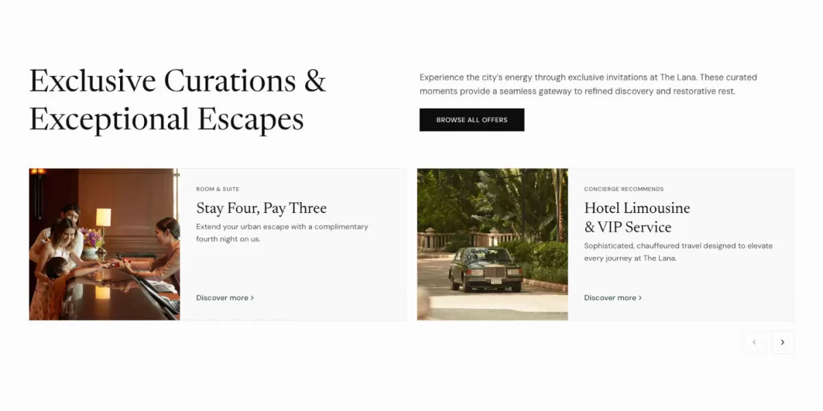 'Exclusive Curations & Exceptional Escapes' carousel with offer cards for a stay deal and a VIP limousine.
